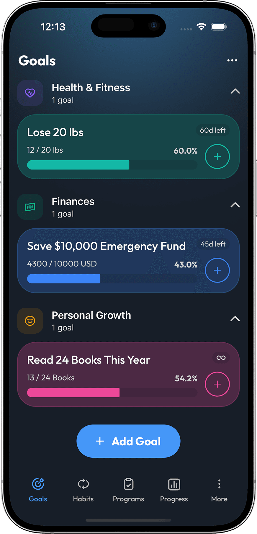 GoalScript Goals screen on iPhone — metric goals like Save $10,000 and Read 24 Books shown with progress bars, grouped by life area